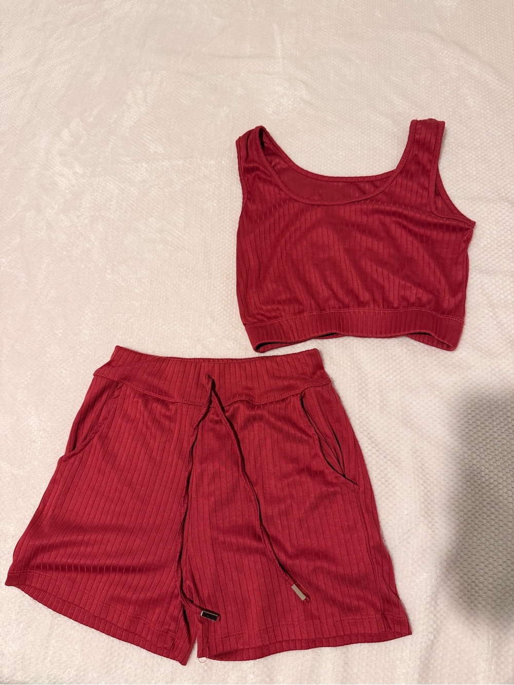 New Mix Ribbed Crop Tank and Drawstring Shorts Set in Red